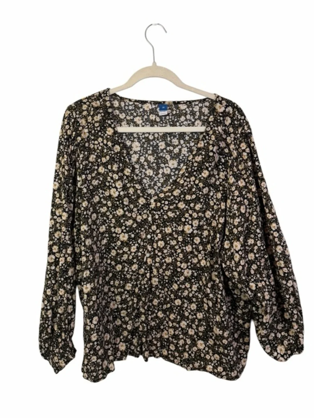 Old Navy Black Floral V Neck Cottage Core Puff Long Sleeve Lightweight